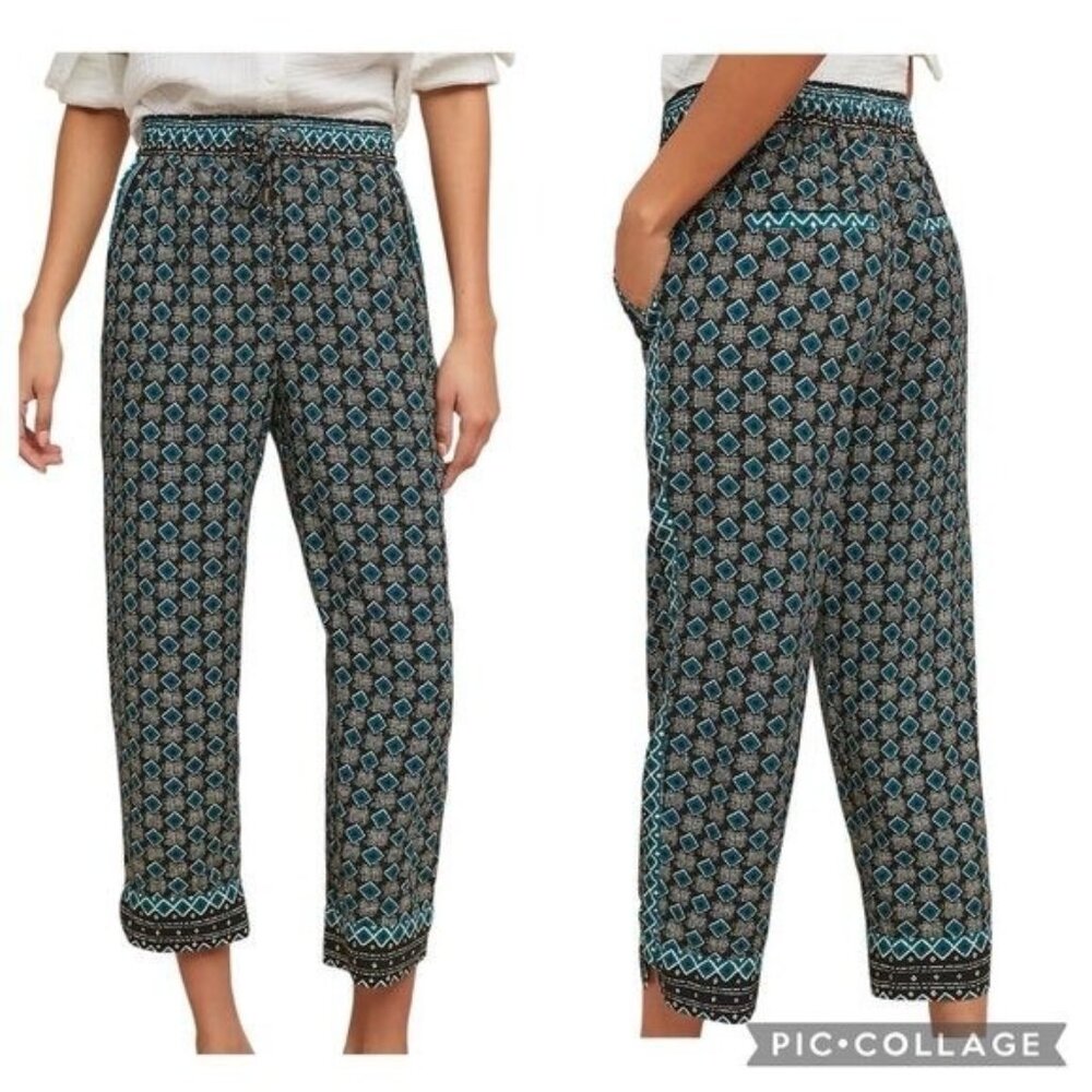 Anthropologie Women’s Geometric Crop Pants Medium Petite Elastic Waist Pockets